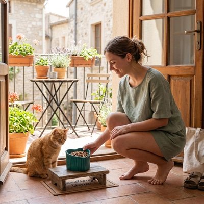 Gamelle pour Chat surélevée vert déposé devant chat par maîtresse