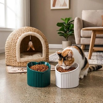 Gamelle pour Chat surélevée vert et blanc en utilisation par chat