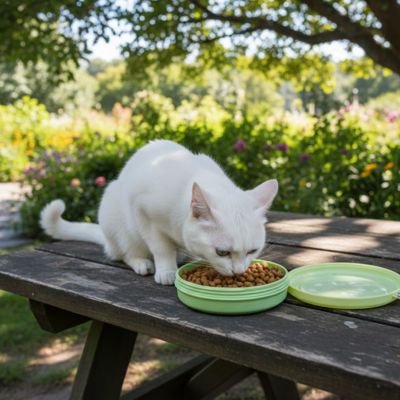 Gamelle pour chat utilisée par chat blanc extérieur