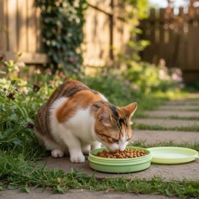 Gamelle pour chat utilisée par chat caramel et blanc 