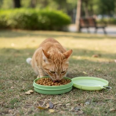 Gamelle pour chat utilisée par chat tigré caramel au parc