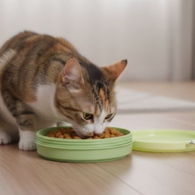Gamelle pour chat vert utilisée par chat caramel et blanc