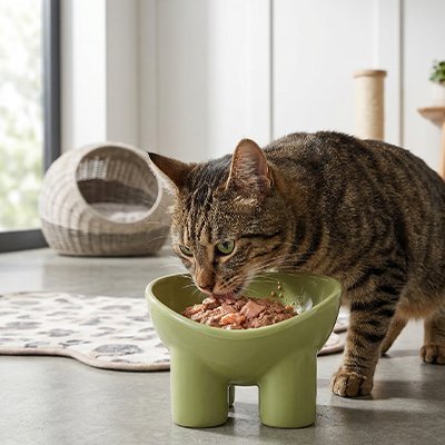 Gamelle surélevée chat à côté d'un chat à la maison