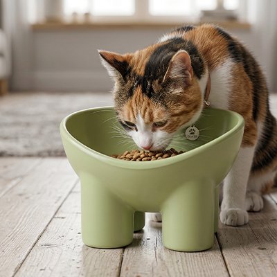 Gamelle surélevée chat avec un chat qui mange ergonomiquement