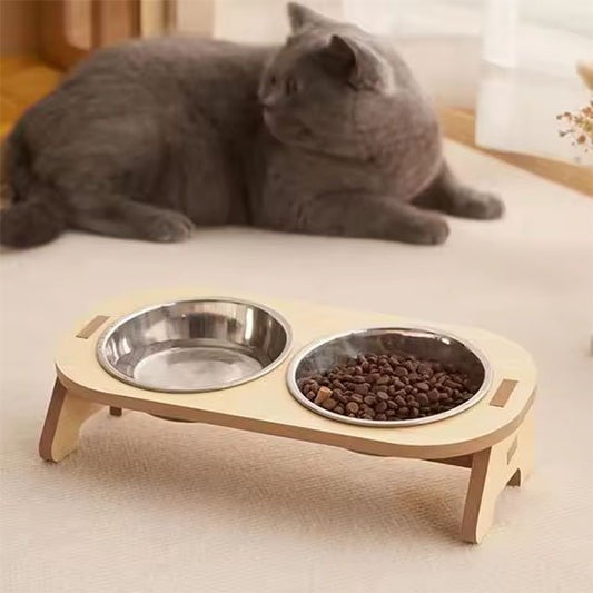 Gamelle surélevée chat avec un support en bois naturel 