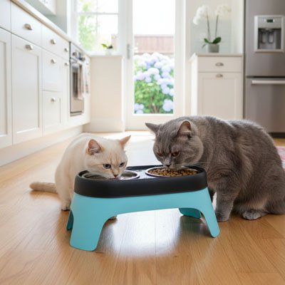 Gamelle surélevée Chat bicolore utilisée par deux chats