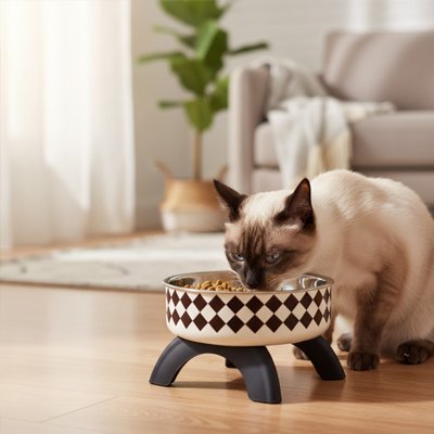 Gamelle surélevée chat Damier noir et blanc utiliser par chat siamoi