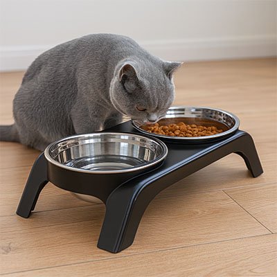 Gamelle surélevée chat eau et croquettes qu'un chat gris déguste