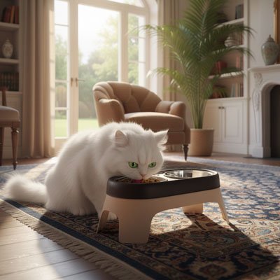 Gamelle surélevée Chat en utilisation par chat blanc