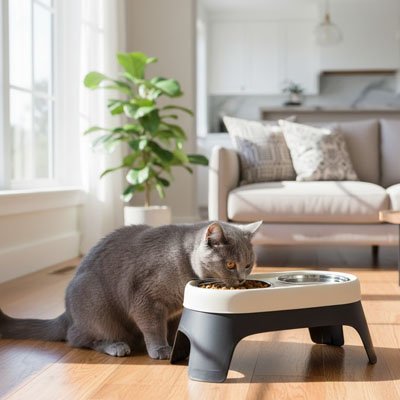 Gamelle surélevée Chat qui est utilisé par chat devant canapé