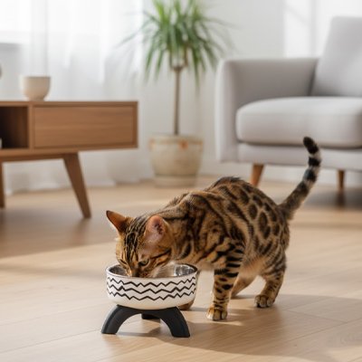 Gamelle surélevée chat Rayures noires et blanches avec chat 