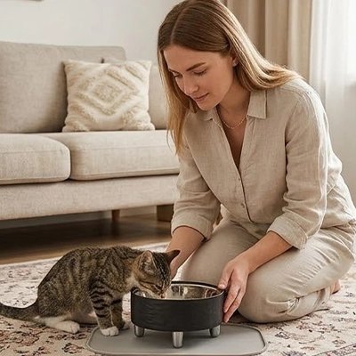 Gamelle surélevée Chat rempli de nourriture qu'un chat savoure devant maîtresse