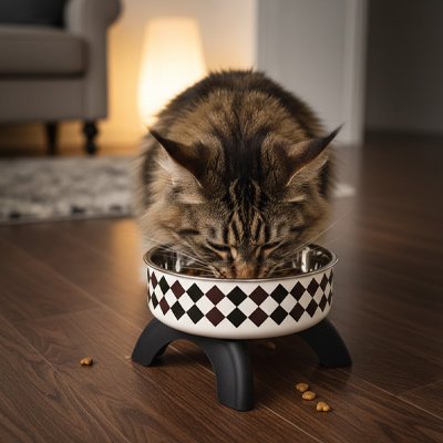Gamelle surélevée chat vu de face avec chat