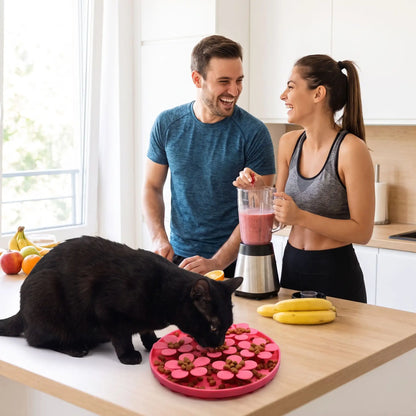 tapis anti glouton chat utilisé en cuisine par un couple sportif