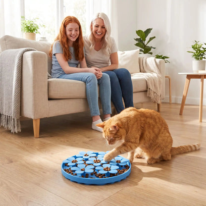 tapis anti glouton chat utilisé par un chat roux en famille
