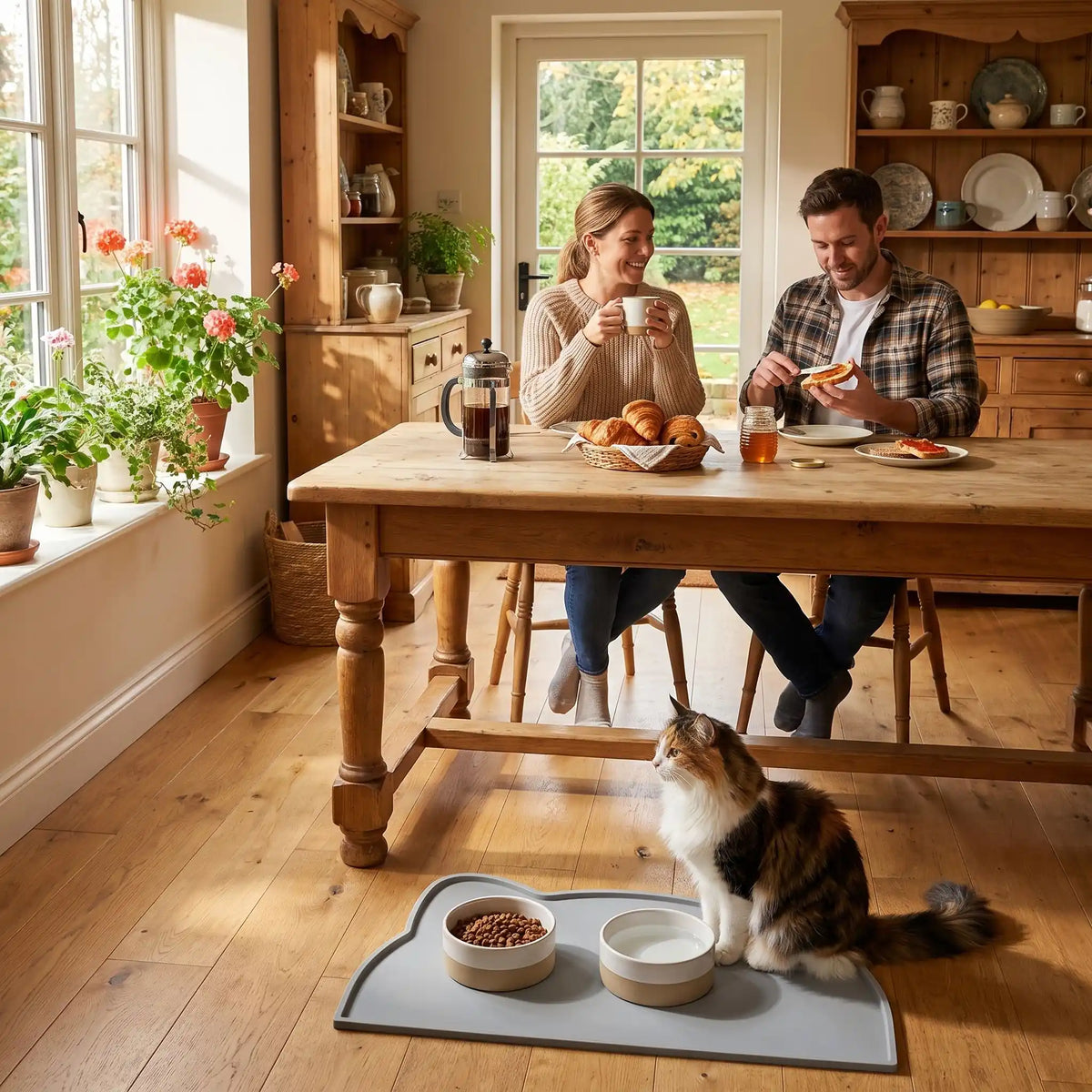 Tapis gamelle chat à la cuisine avec couple et félin