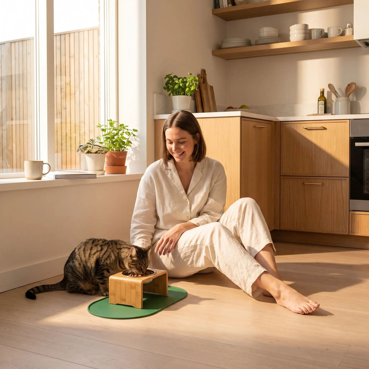 Tapis gamelle chat en bambou utilisé par un chat tigré