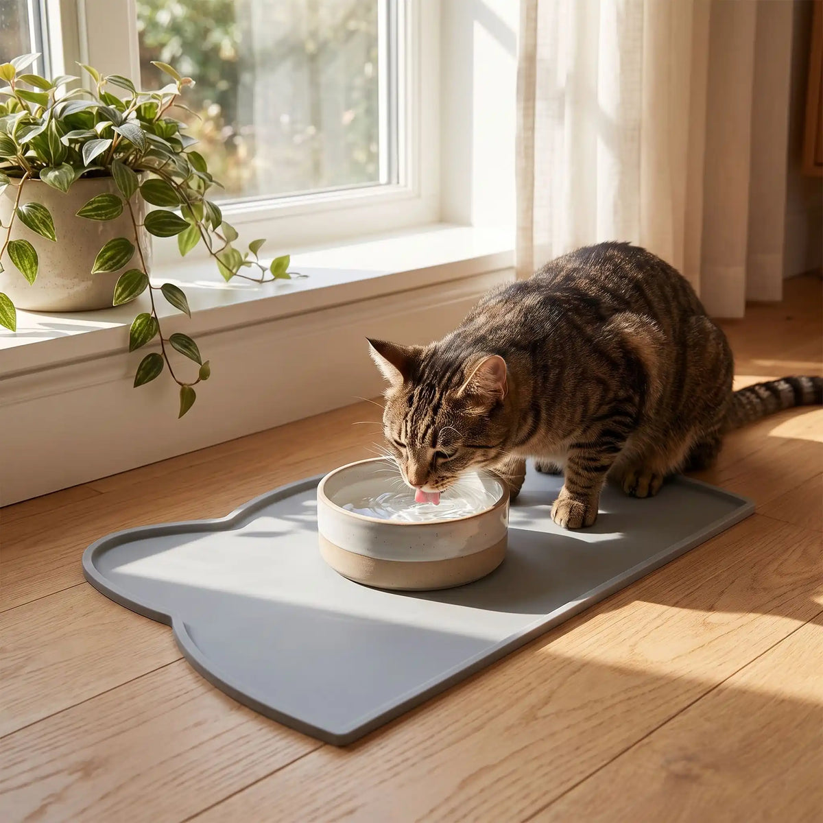 Tapis gamelle chat pour chat buvant dans gamelle près d'une fenêtre