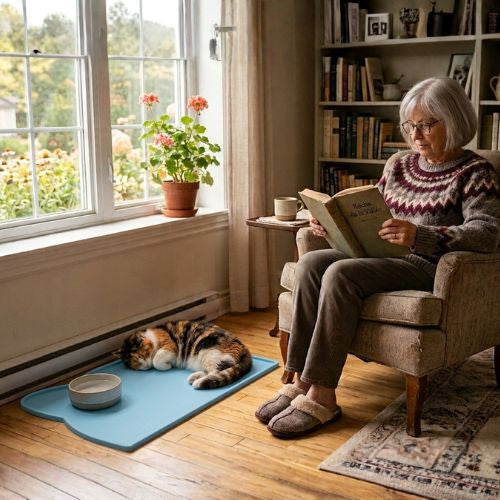 Tapis gamelle chat pour chat se prélassant près d'une dame lisant