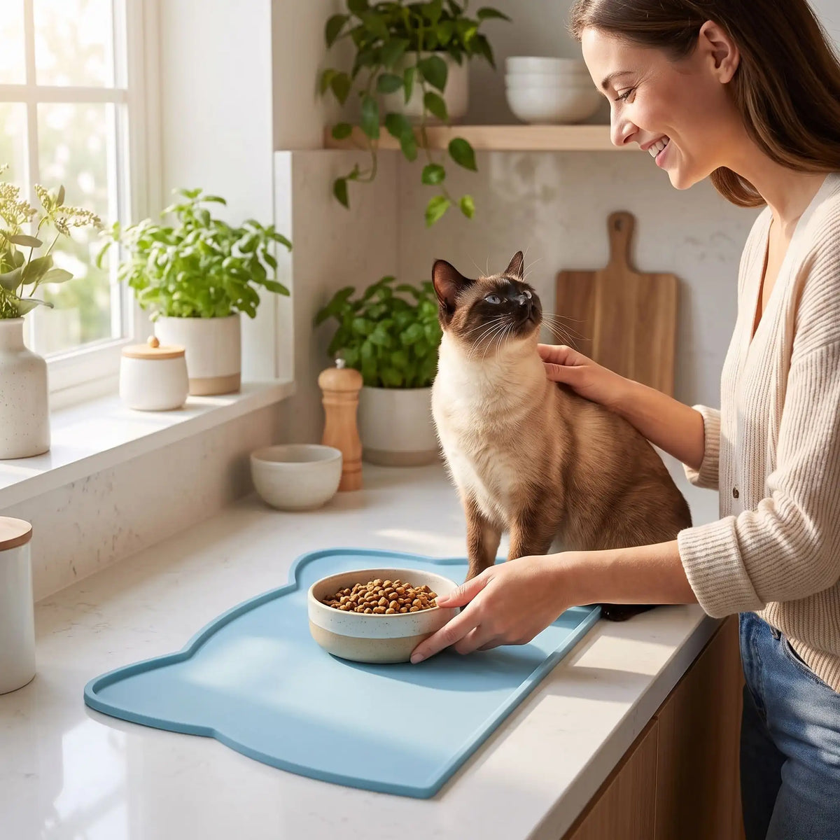 Tapis gamelle chat pour nourriture d'un chat sur comptoir cuisine